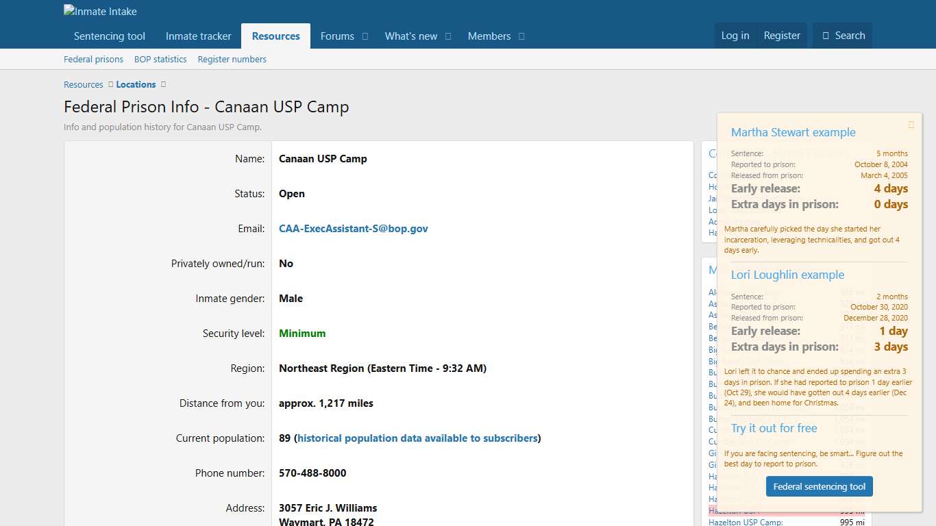 Federal Prison Info - Canaan USP Camp Inmate Intake