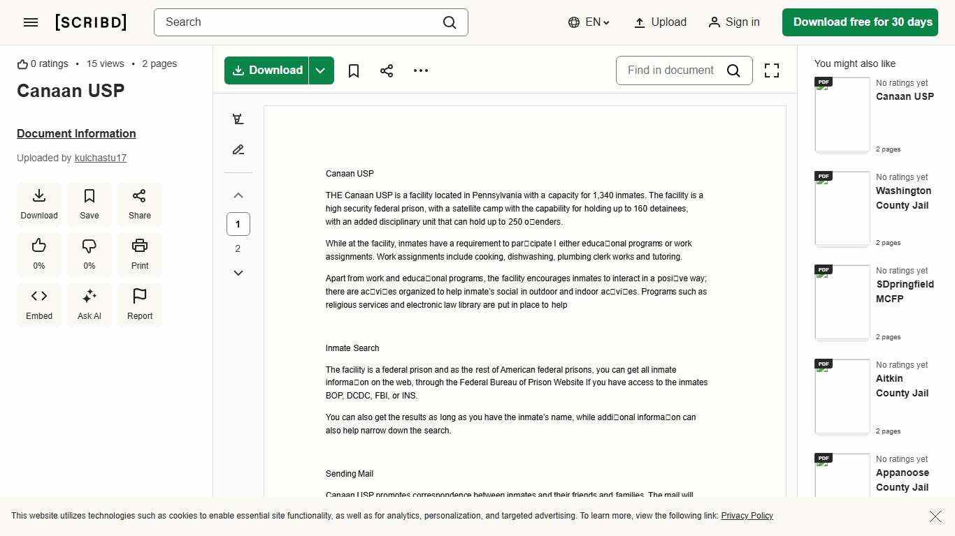 Canaan USP PDF Federal Bureau Of Prisons Prison