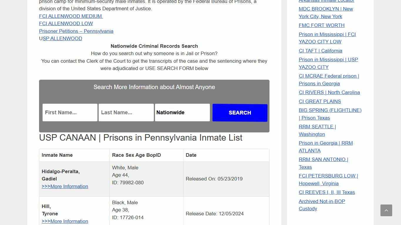 USP CANAAN Prison in Pennsylvania – Inmate Releases